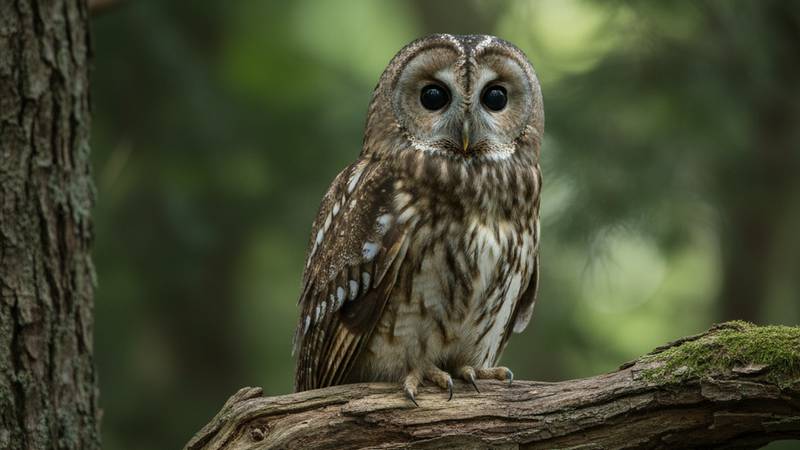 A Tawny Owl perched, recognizable by its cryptic plumage and large black eyes.