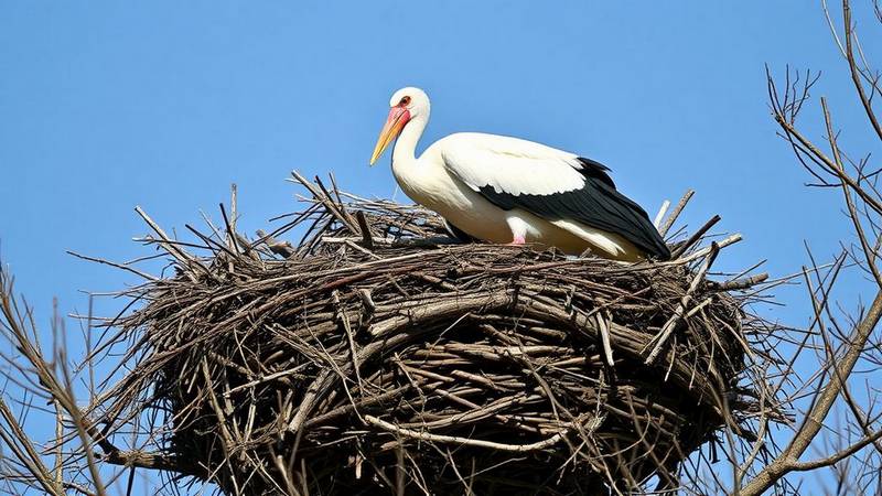 A White Stork (Ciconia ciconia) in its large stick nest, symbolizing the return of spring.